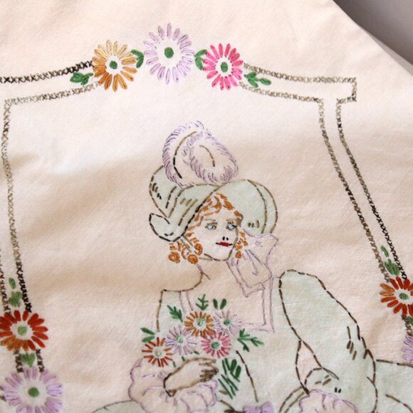 Vintage 1940s Throw Pillow Cover, Embroidered Lady And Flowers Pillowcase - Picture 9 of 10